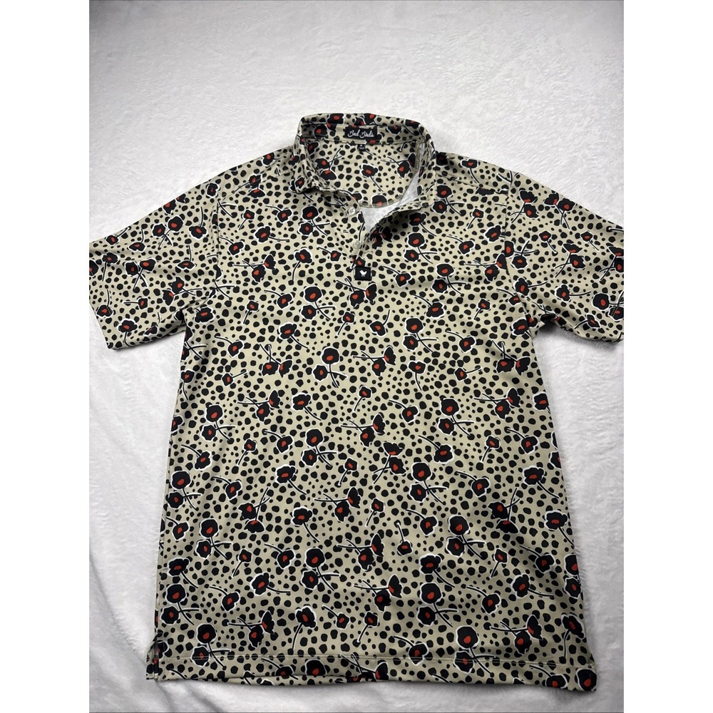 Bad Birdie Golf Polo Mens M Tan Black Red Floral Dot Performance Stretch Shirt